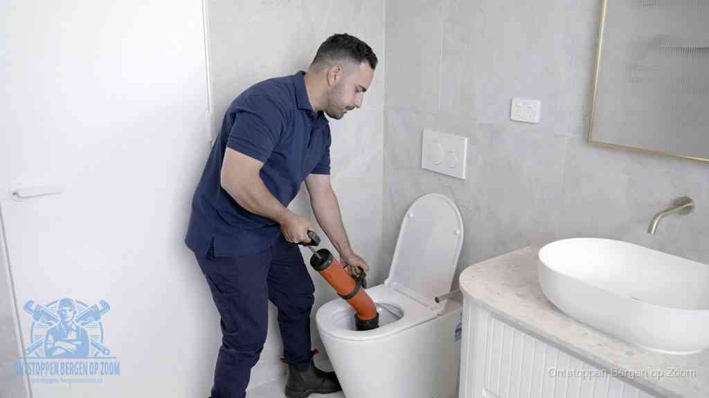Een monteur gebruikt een handmatige perspomp (toiletontstopper) op een wandcloset tijdens het professioneel wc ontstoppen in Bergen op Zoom