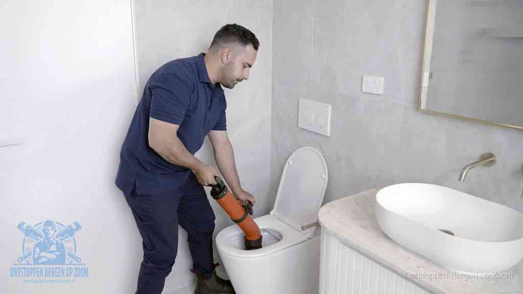 Een man gebruikt een handmatige luchtdruk-ontstopper in een modern betegeld toilet om zelf de wc te ontstoppen in Bergen op Zoom